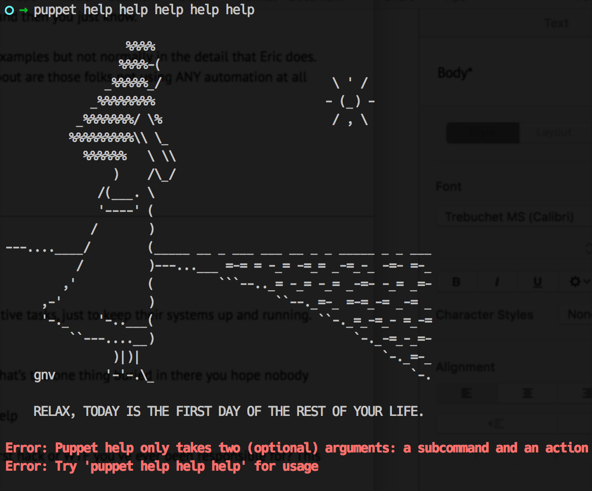 Running 'puppet help help help help help' outputs an ASCII art image with the caption, 'Relax, today is the first day of the rest of your life', and a brief error about misusing the command.