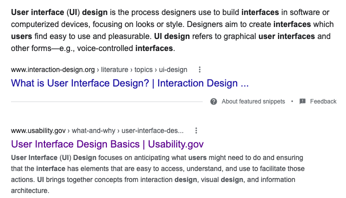 User Interface Design Search Screenshot of Google search results, showing the US Usability site as the first hit